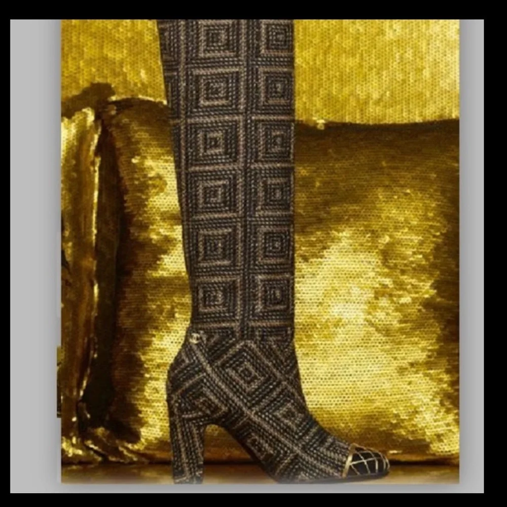 CHANEL Runway Byzantine Tweed Gold Cage High Boots 37 Pre fall 2012